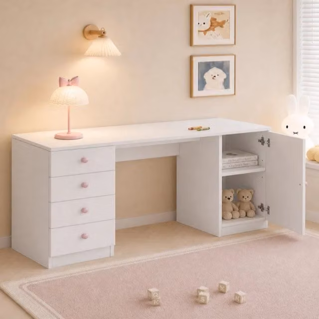 Desviae Scrivania lineare con 4 cassetti e armadietto con ripiano in MDF bianco per studio e lavoro 155 × 45 × 74 cm