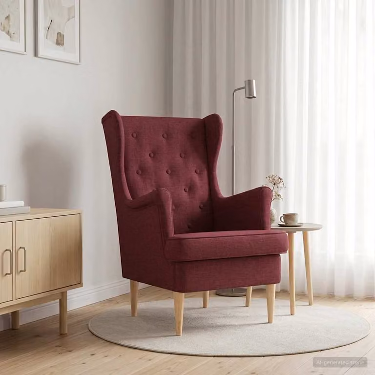 Poltrona lounge moderna vidaXL in tessuto rosso con braccioli e struttura in legno di gomma e metallo, H 76 x L 79 x P 65 cm