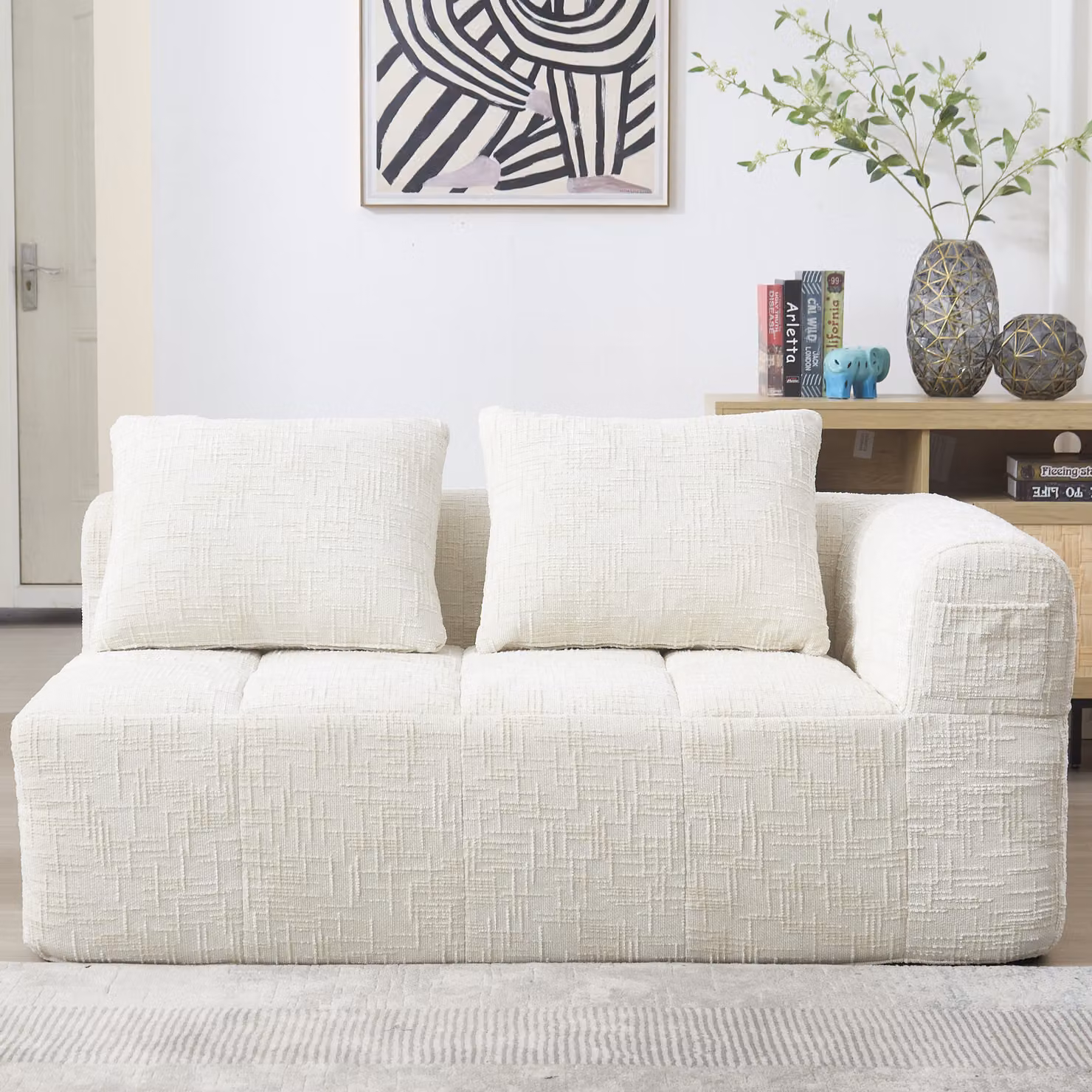 Divano angolare STILVORA per 2 persone, divano moderno a due posti, divano relax con braccioli e cuscini, non richiede installazione, tasca laterale per il telecomando, color beige