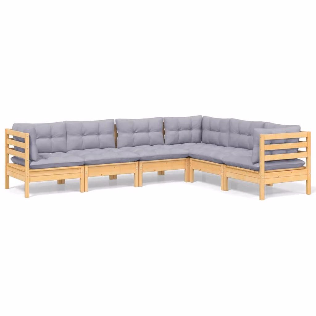 Set Divani da Giardino 6 pz con Cuscini Grigi Massello di Pino