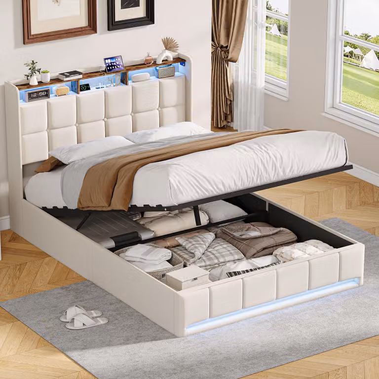 Letto imbottito ProximaX 160x200 cm in tessuto di lino beige, letto contenitore pneumatico con illuminazione a LED e stazione di ricarica USB
