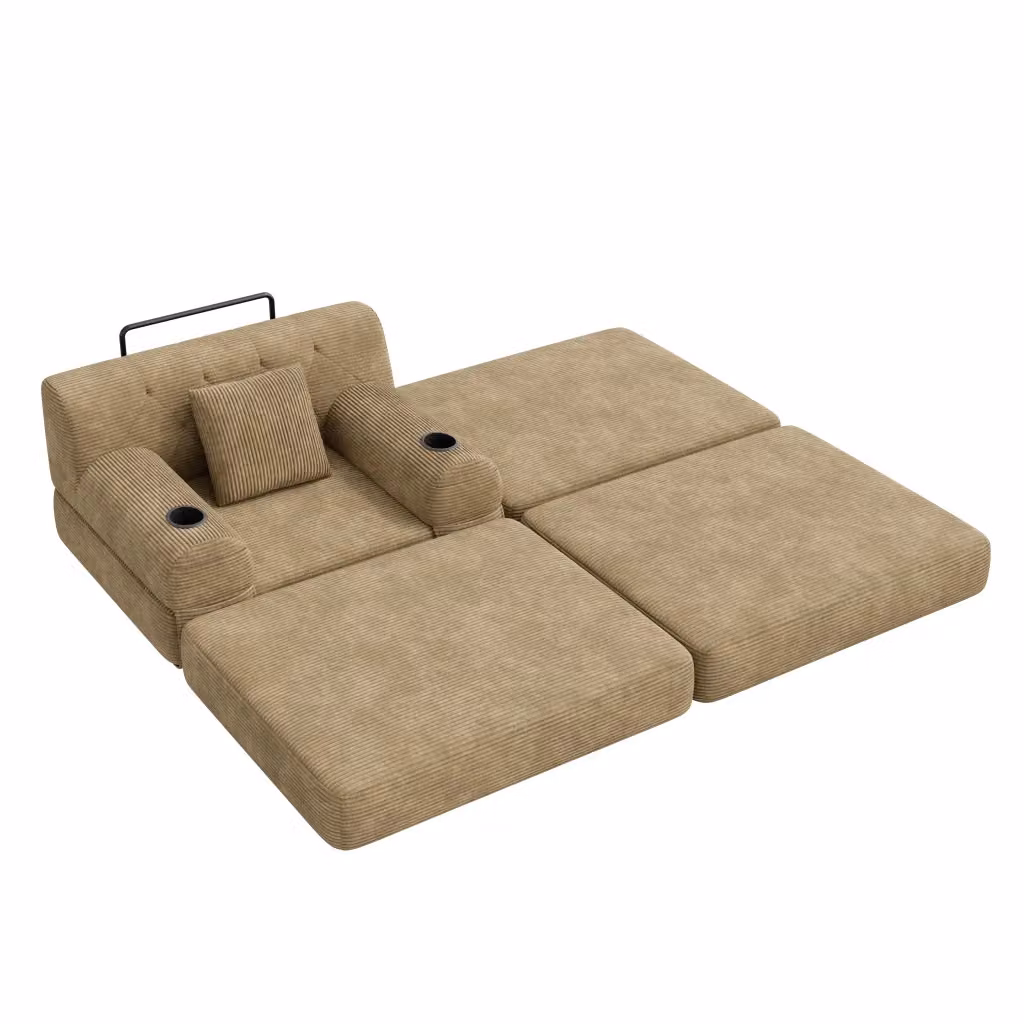 Poltrona letto Chicfurn con poggiapiedi e braccioli in velluto a coste beige con struttura in metallo – 2