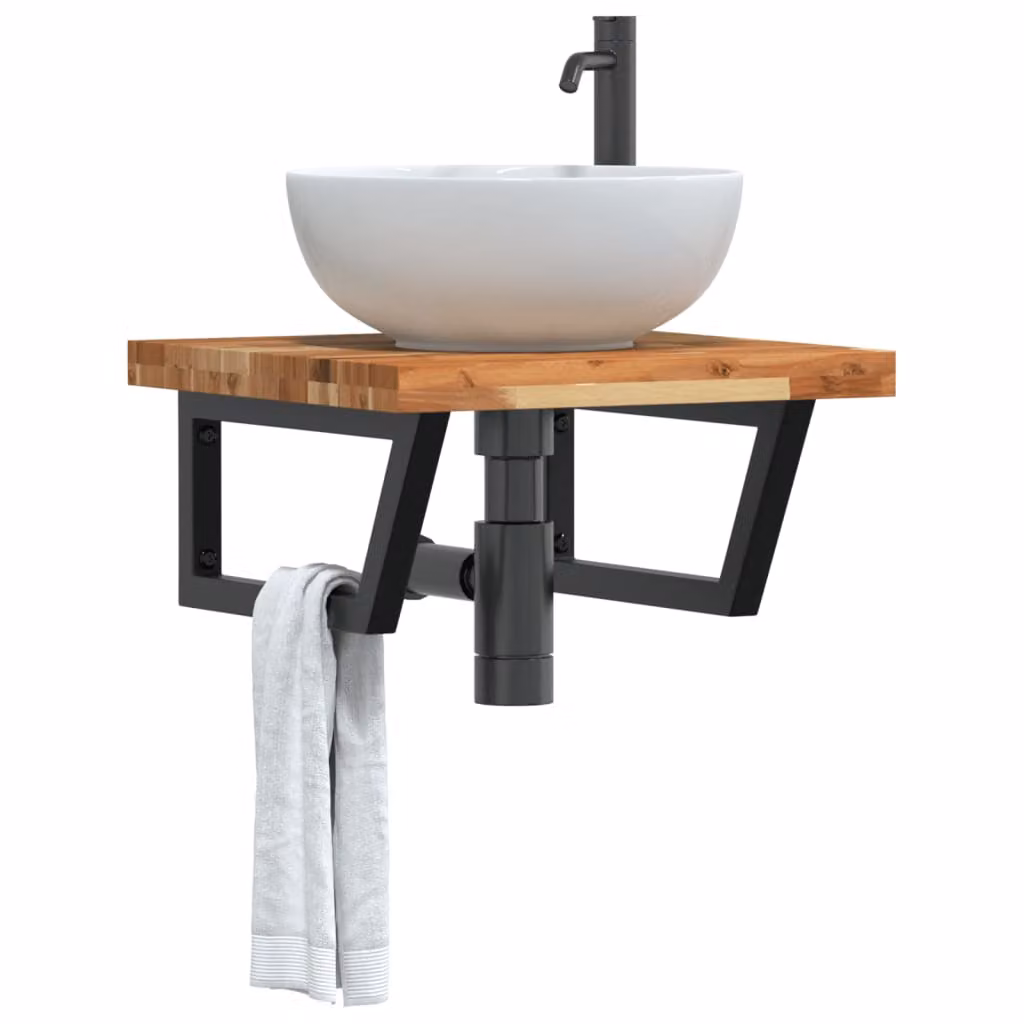Ripiano a parete per lavabo vidaXL in legno di acacia oliato e metallo, moderno, disponibile in nero, marrone o bianco