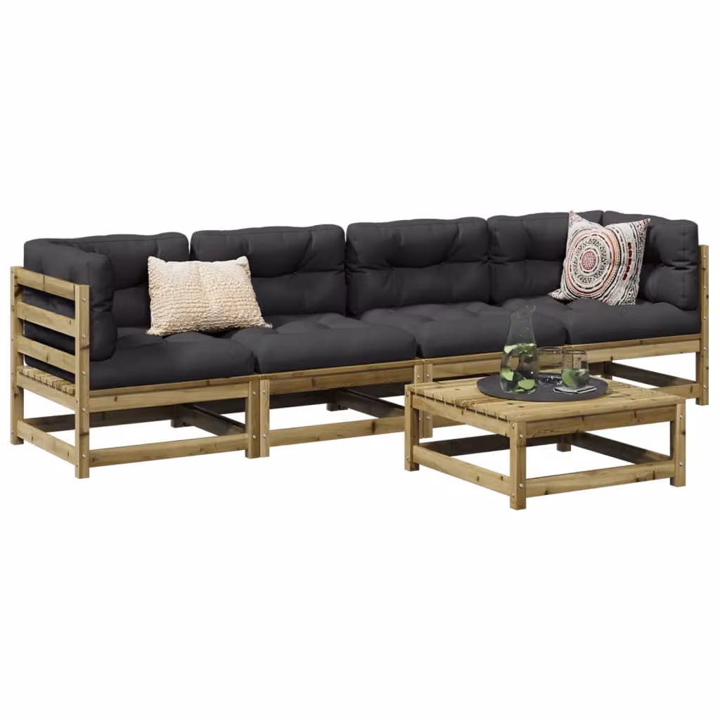 Set di Divani da Giardino vidaXL 5 Pezzi in Legno di Pino Impregnato con Cuscini, Colore Marrone e Grigio, Design a L con Struttura in Legno Massiccio e Stile Rustico