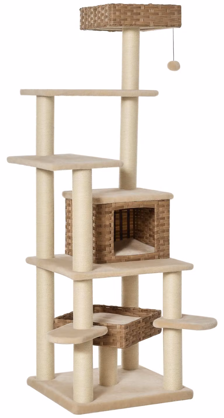 PawHut: Albero per gatti con rifugio, multistrato, in rattan, per gatti