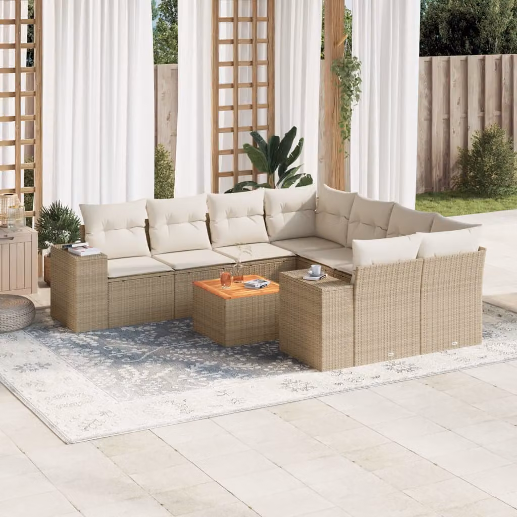 vidaXL Set Divano da Giardino a L 9 pz in Polyrattan con Cuscini Beige e Rivestimenti Rimovibili – 1