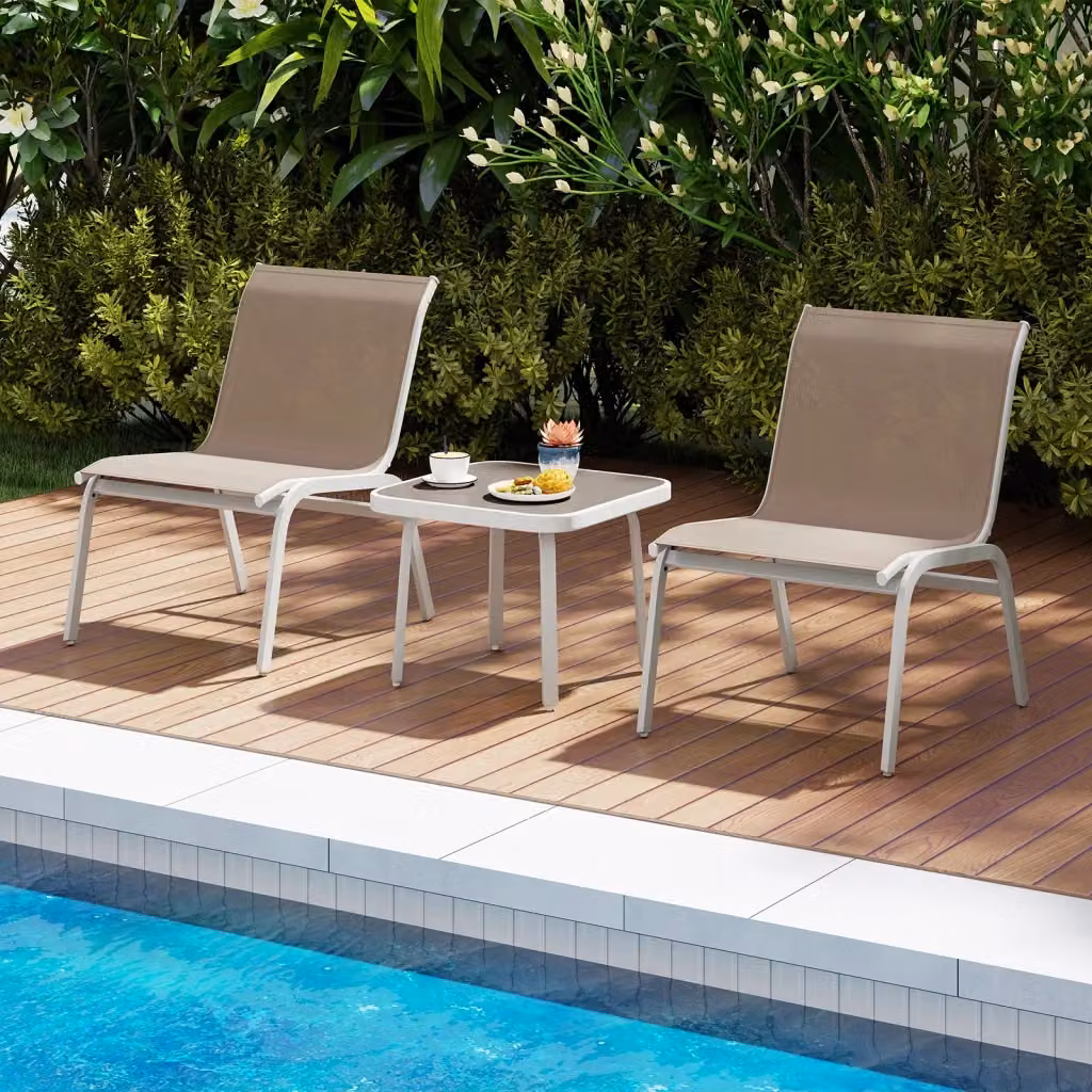 Set salotto da esterno DESIGN IN composto da 2 poltrone lounge e un tavolino da caffè, in acciaio verniciato a polvere e tessuto beige resistente alle intemperie – 2