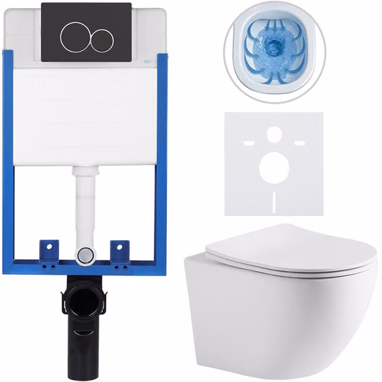Set completo per WC sospeso Lite/Cesso - bianco opaco - pulsante per WC a due funzioni, nero opaco - da incasso - 49x36 cm