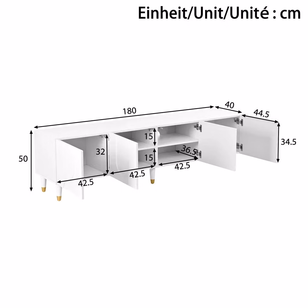 Mobile TV REDOM Bianco con 4 ante a rilievo ad arco e gambe in legno massello L: 180 cm, P: 40 cm, H: 50 cm – 2