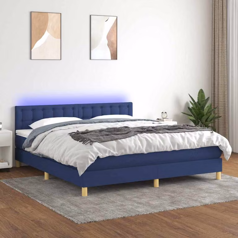 Letto Ibrido vidaXL con Materasso, Illuminazione LED Blu e Porte USB, Tessuto Blu e Bianco, L/P: 160 x 200 cm
