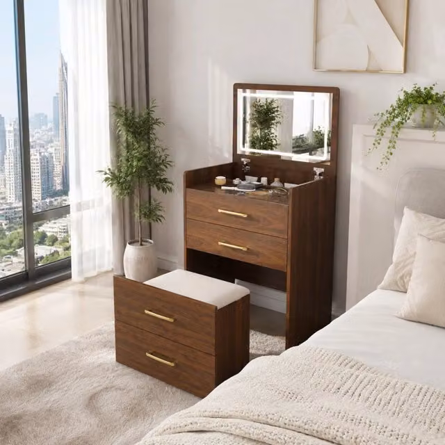 Toeletta angolare ULEVR 60x40x118 cm con specchio ribaltabile, piano in vetro e sgabello con cassetti, noce