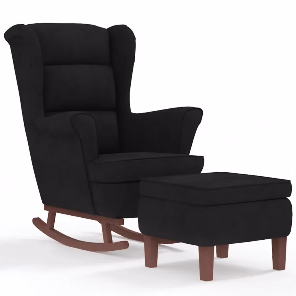 Sedia a dondolo moderna vidaXL con schienale alto in velluto nero e pouf coordinato con struttura in legno massiccio – 2