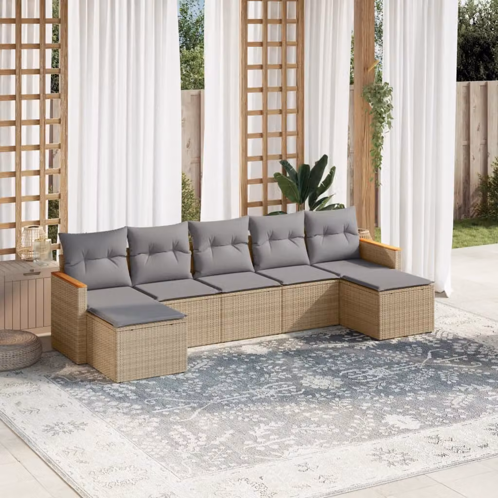 vidaXL Set Divano da Giardino 7 pz Moderno in Polyrattan con Cuscini Beige e Grigio e Struttura in Acciaio Verniciato a Polvere – 1