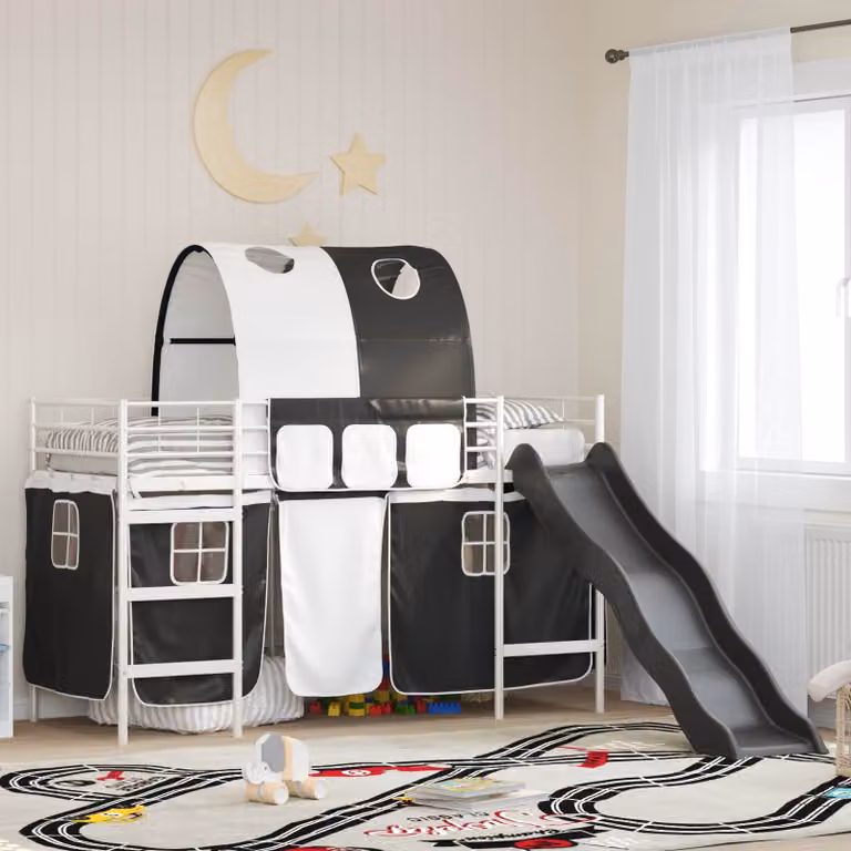 Letto a castello singolo moderno vidaXL per bambini in metallo con struttura a casetta e scala, Bianco e Nero, L/P/H: 190 x 80 x 116 cm