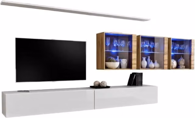 Composizione murale SWITCH XVII – Doppio mobile TV, cubi con vetrina LED e mensole – Bianco lucido e quercia Wotan