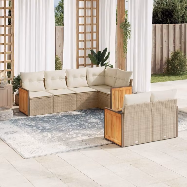 vidaXL Set Divani da Giardino a L 7 pz con Cuscini Beige e Struttura in Metallo e Polyrattan