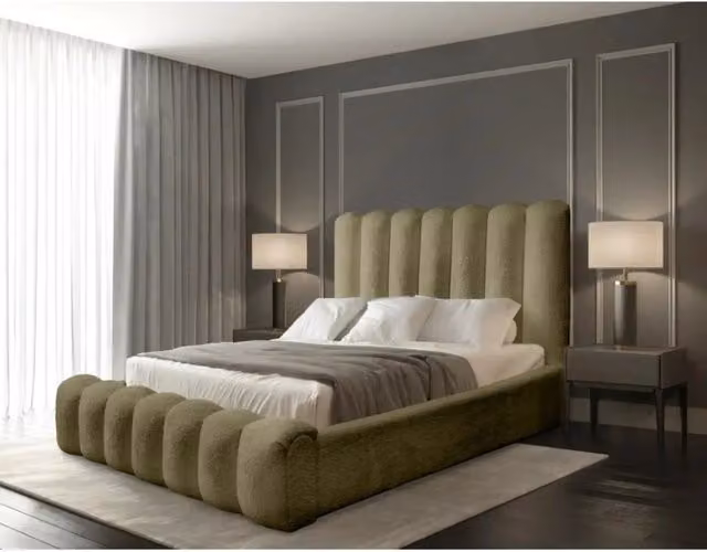 Letto contenitore BADJA Meublorama in tessuto bouclé verde, L/P: 180 x 200 cm, con rete a doghe sollevabile