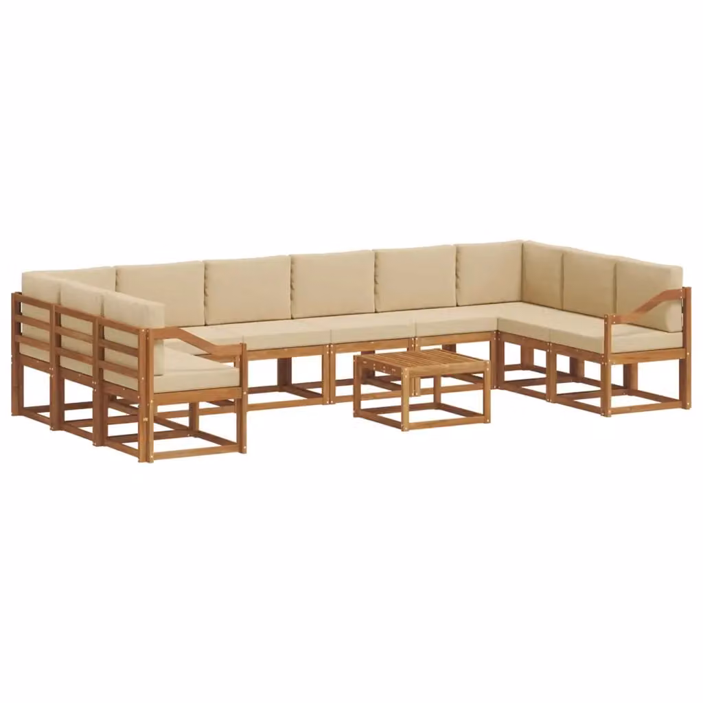 Set di divani da esterno vidaXL a forma di L composto da 11 pezzi in legno di acacia con cuscini beige e marrone – 2