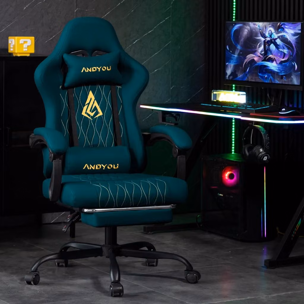 Sedia da Gaming ANDYOU Series Blu Navy con Poggiapiedi e Poggiatesta, Poltrona Ergonomica in Ecopelle PU per Computer e Home Office – 2