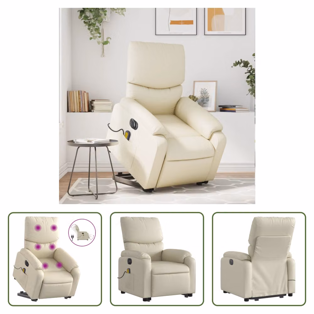 The Living Store Poltrona massaggiante con ausilio elettrico in ecopelle crema