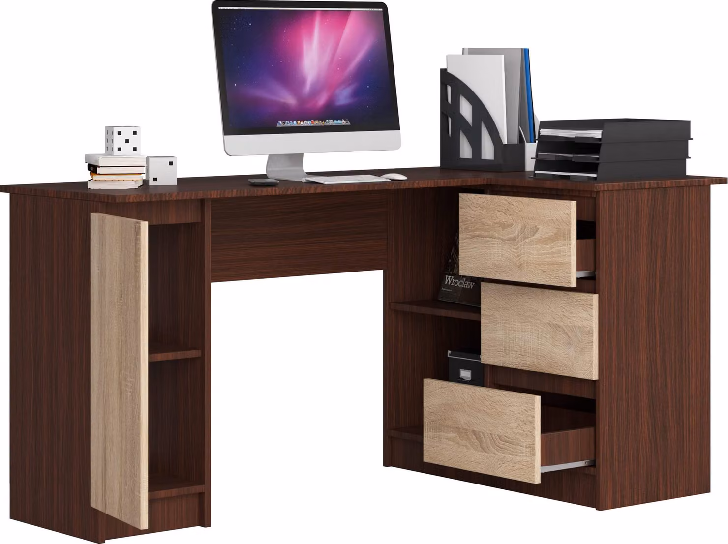 BDW, scrivania angolare destra, 3 cassetti, 4 ripiani, rovere Venga / Sonoma