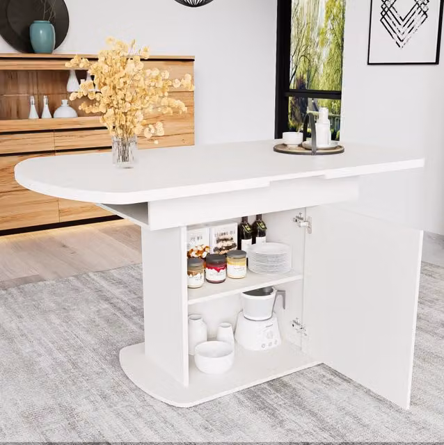 Tavolo da pranzo ovale allungabile L110/130xP70xH75 cm con vano portaoggetti, bianco con maniglia dorata