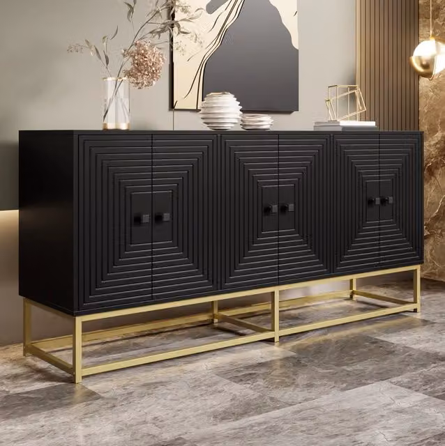 Credenza ULEVR 160x38x75,5 cm nera con 3 vani a doppia anta, struttura aperta e finitura opaca