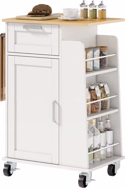 Carrello da cucina Minimal in legno bianco con cassetto, armadietto e portasciugamani, L: 62 cm, P: 40 cm, H: 87 cm