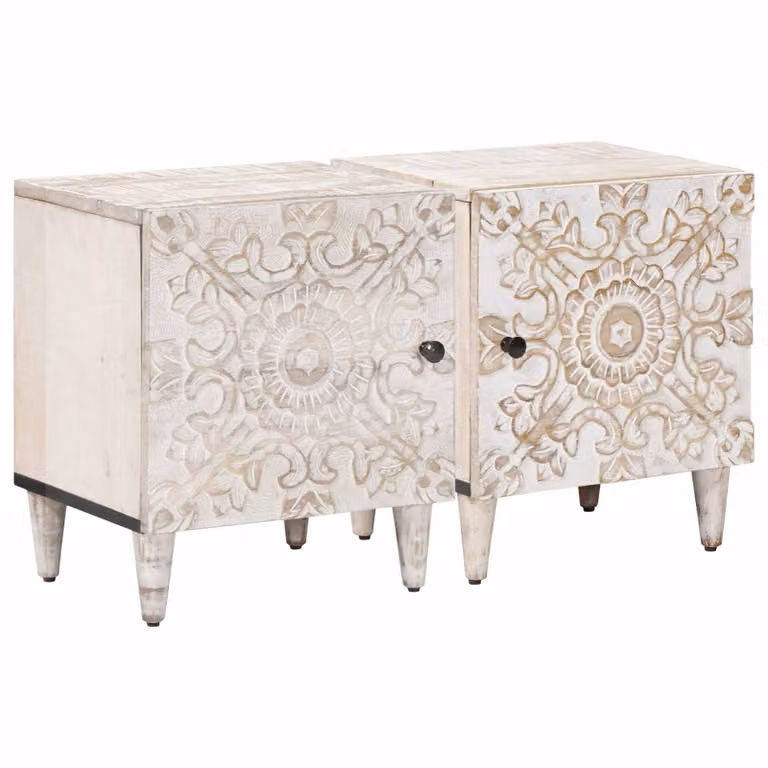 Set di 2 Armadi da Notte vidaXL in Legno di Mango Bianco L: 40 cm, P: 33,5 cm, H: 46 cm