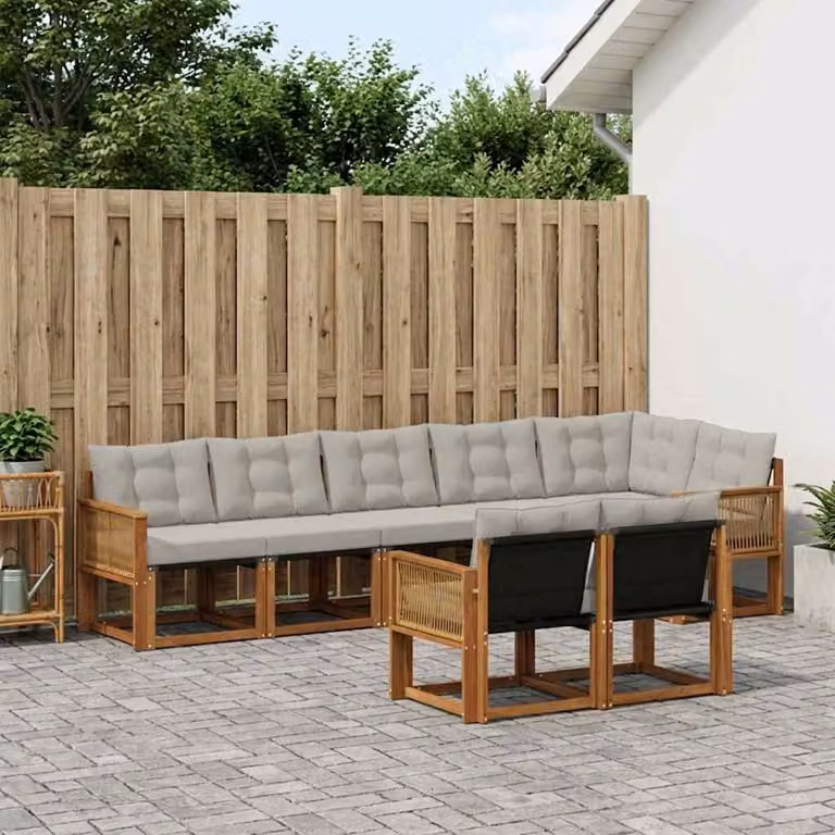 Set di divani da esterno vidaXL 8 pz in legno di acacia con cuscini, forma a L, colore naturale e grigio chiaro