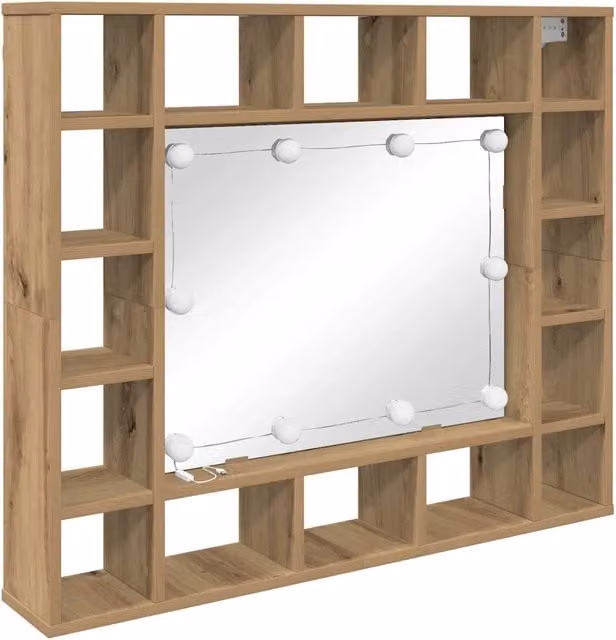 Armadietto con specchio LED da parete con ripiani portaoggetti 91 x 15 x 76 cm moderno chic in legno multistrato rovere artigianale 02_0052471