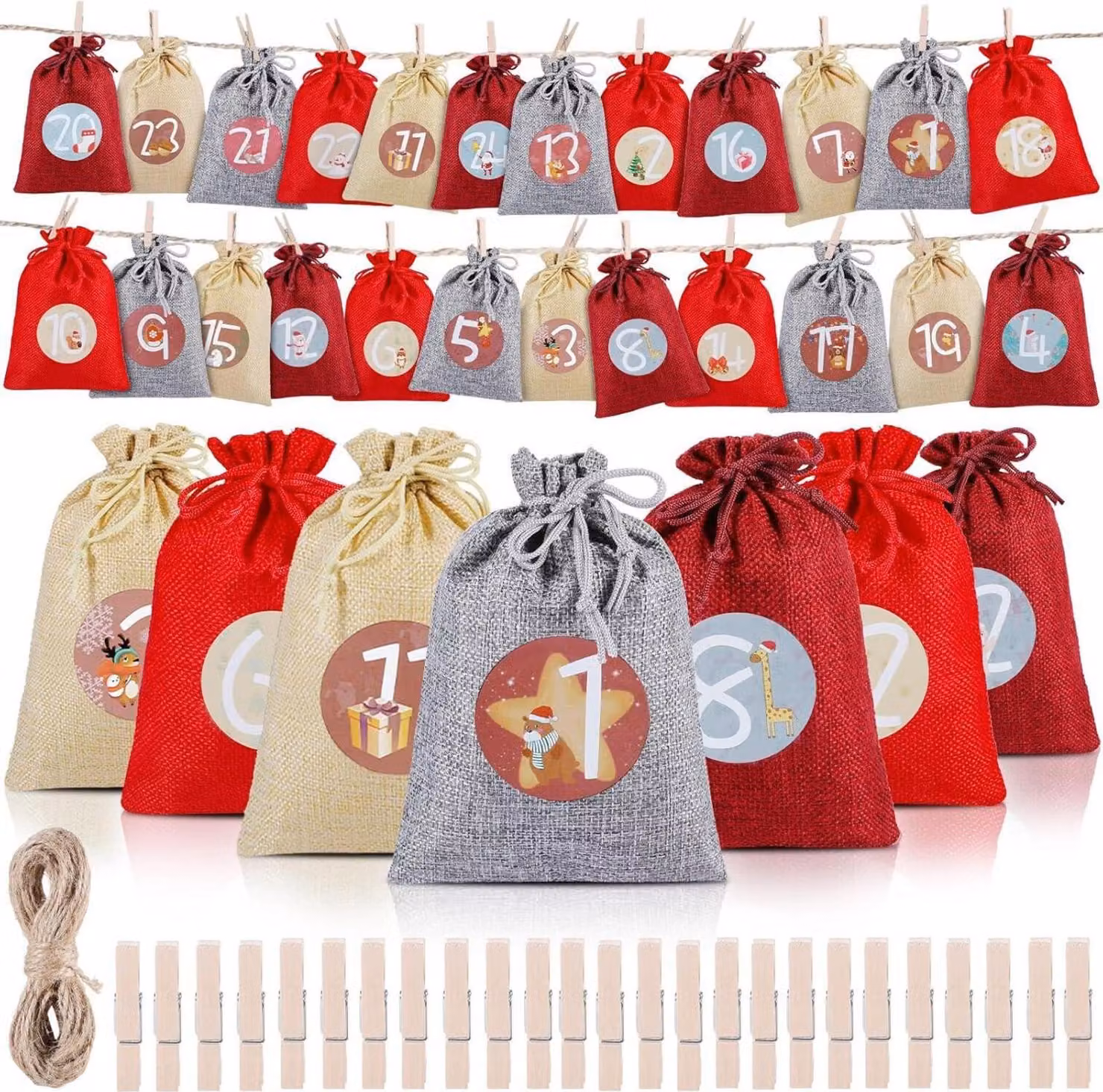 Calendario dell'Avvento da riempire con 24 sacchetti di Natale in iuta