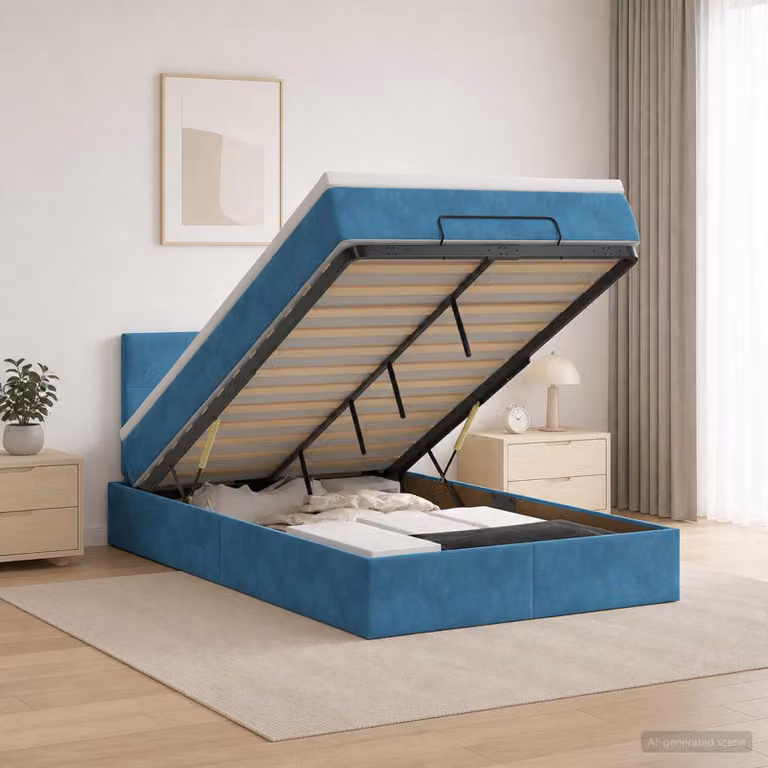 Letto Ottomano vidaXL con Materasso Ibrido e Illuminazione LED Sotto il Letto in Velluto Blu e Bianco L/P/H: 120 x 200 x 88 cm