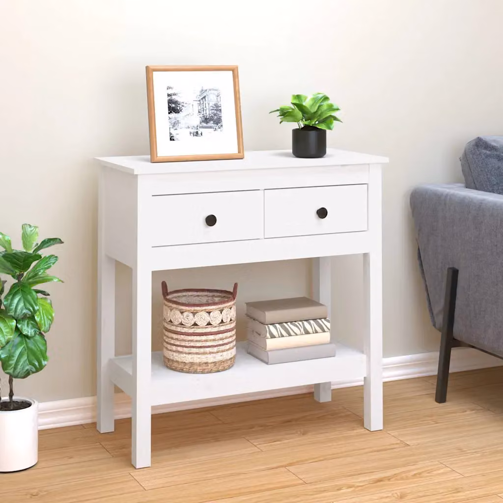 vidaXL Tavolo Consolle Bianco in Legno Massello di Pino L/P/H: 75 x 35 x 75 cm
