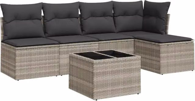 Set Salotto da Giardino Moderno a L con 6 Pezzi in Polyrattan Grigio con Cuscini Imbottiti e Tavolino