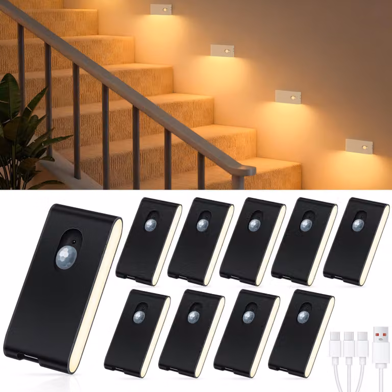 10 sensori di movimento per illuminazione di scale, colore nero, lampada notturna LED ricaricabile wireless