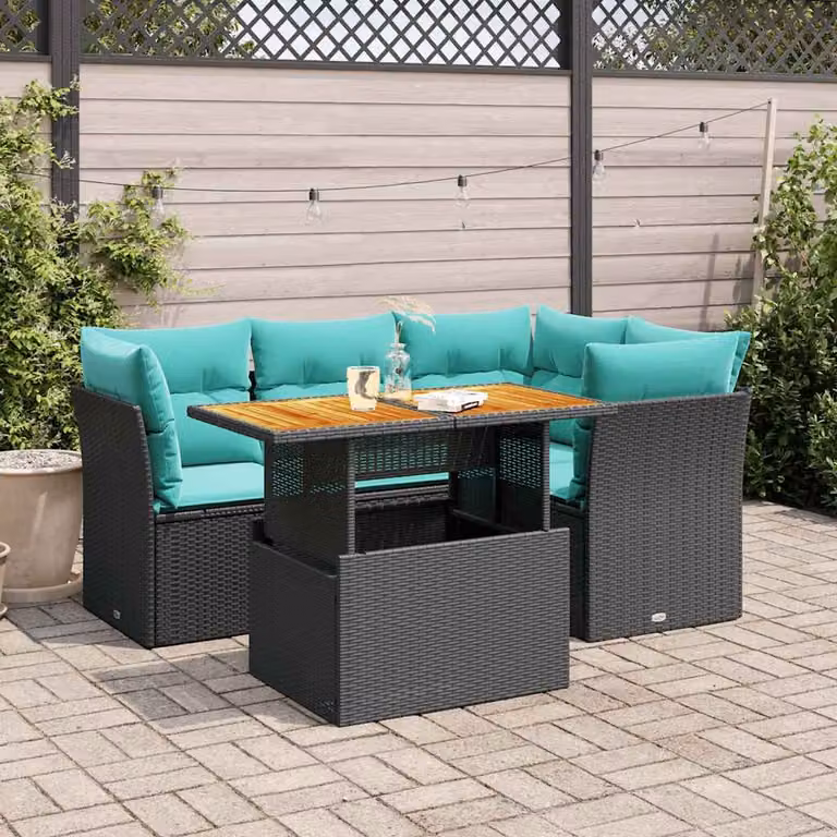 Set Divano da Giardino a L vidaXL in Polyrattan Nero con Tavolino e Cuscini Blu