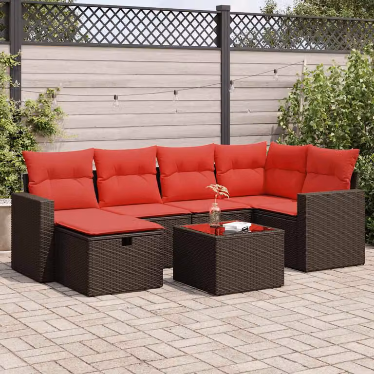 Set Divani da Giardino vidaXL 7 pz a Forma a L con Cuscini Marroni e Tavolino in Polyrattan e Metallo