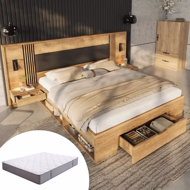 Letto matrimoniale contenitore 160x200 cm in MDF naturale con materasso; comodini e luci