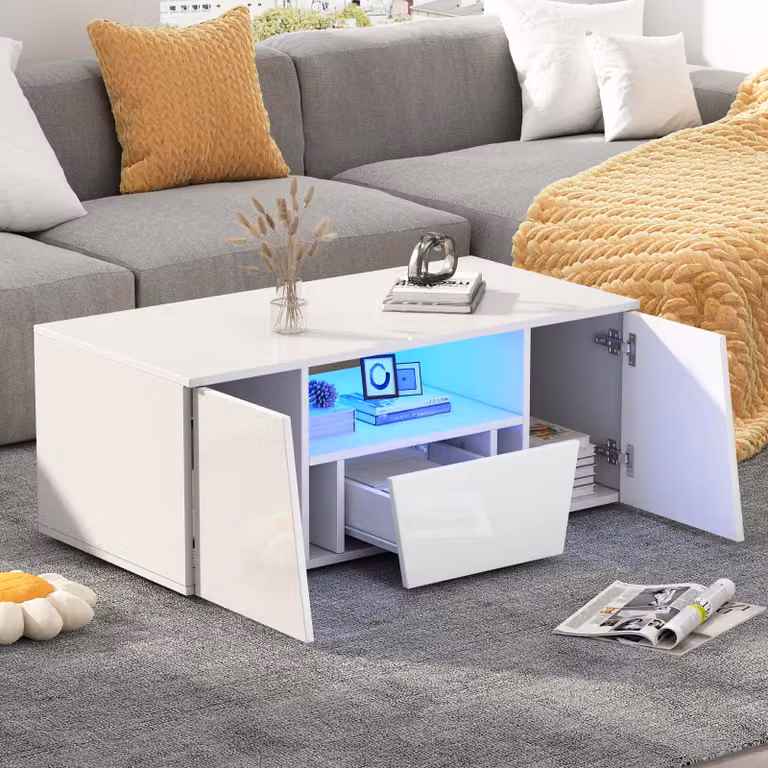 Tavolino STILVORA con cassetto e 2 vani, tavolino da caffè con illuminazione LED e spazio aperto, tavolino laterale con finitura lucida, bianco