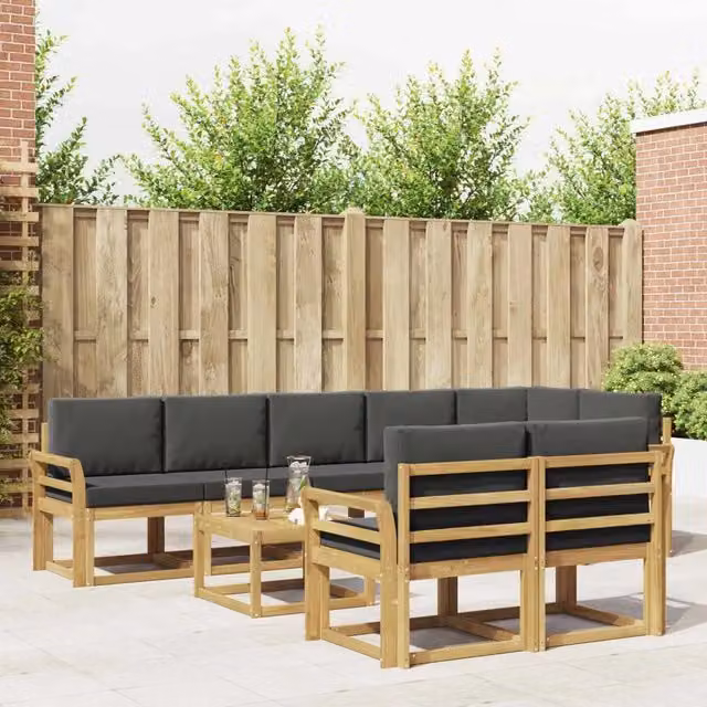 Set di divani da esterno a L vidaXL in legno di acacia con tavolino, colore bianco e antracite, 9 pezzi – 1
