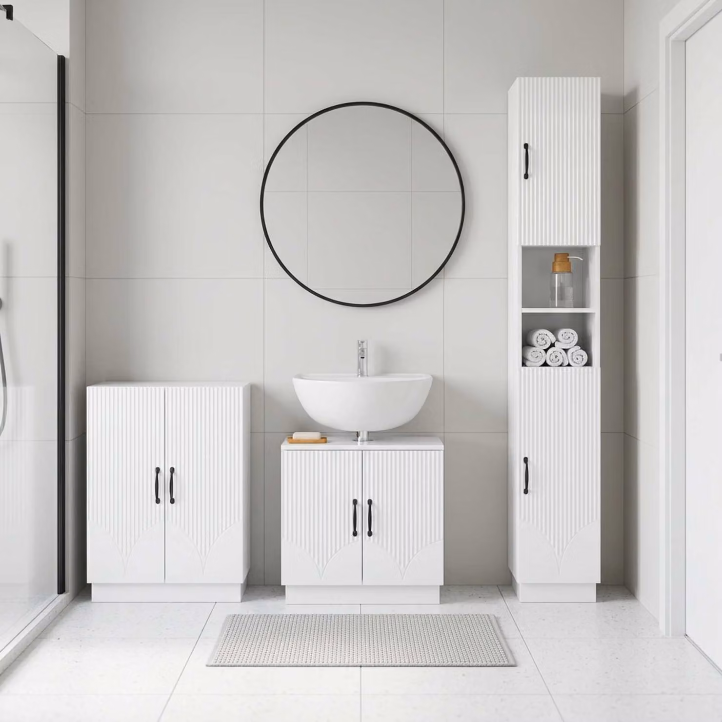 Set di armadietti da bagno 3 pezzi vidaXL HOORN Bianco Lucido con mobile lavabo e pensili