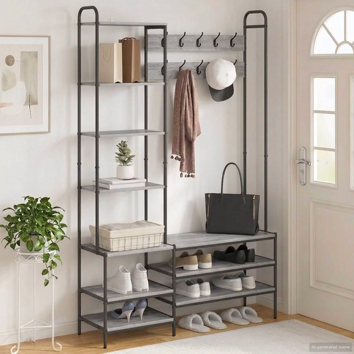 vidaXL Appendiabiti con panca per scarpe in stile industriale, colore grigio, L: 120,5 cm, P: 34 cm, H: 190 cm