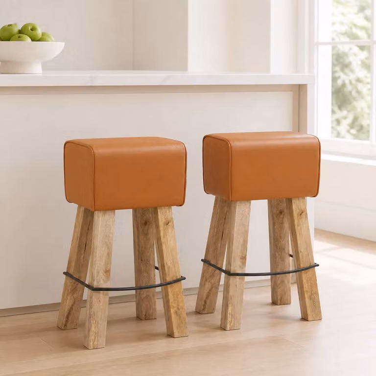 Set di 2 sgabelli da bar vidaXL in pelle marrone con struttura in legno di mango L/P/H: 44 x 33 x 74 cm
