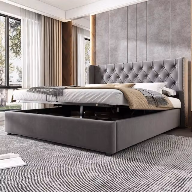 Letto imbottito contenitore matrimoniale ¨C Minimal ¨C grigio velluto 140x200 cm con rete a doghe idraulico