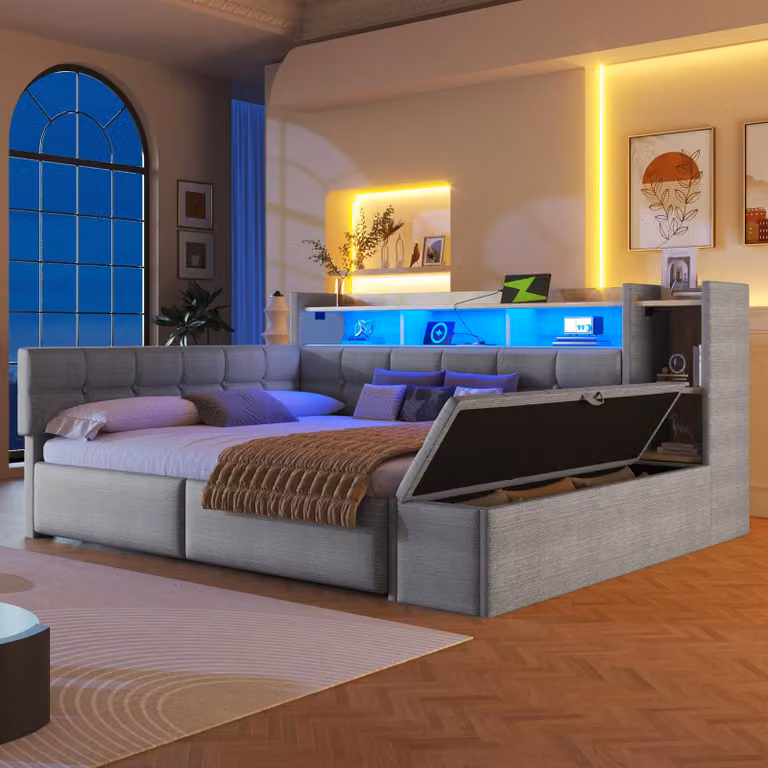 Divano letto Fliek 140x190 cm con poggiapiedi idraulico, letto imbottito matrimoniale con funzione di contenitore e pelle, letto per ragazzi in velluto con ripiani, chiaro