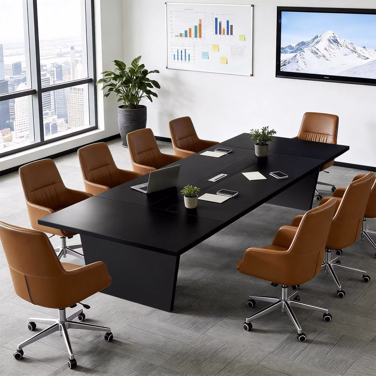 Tavolo da conferenza per ufficio, dimensioni 160x100x74 cm, colore bianco e nero. Moderno tavolo per riunioni con piano di 2,5 cm di spessore