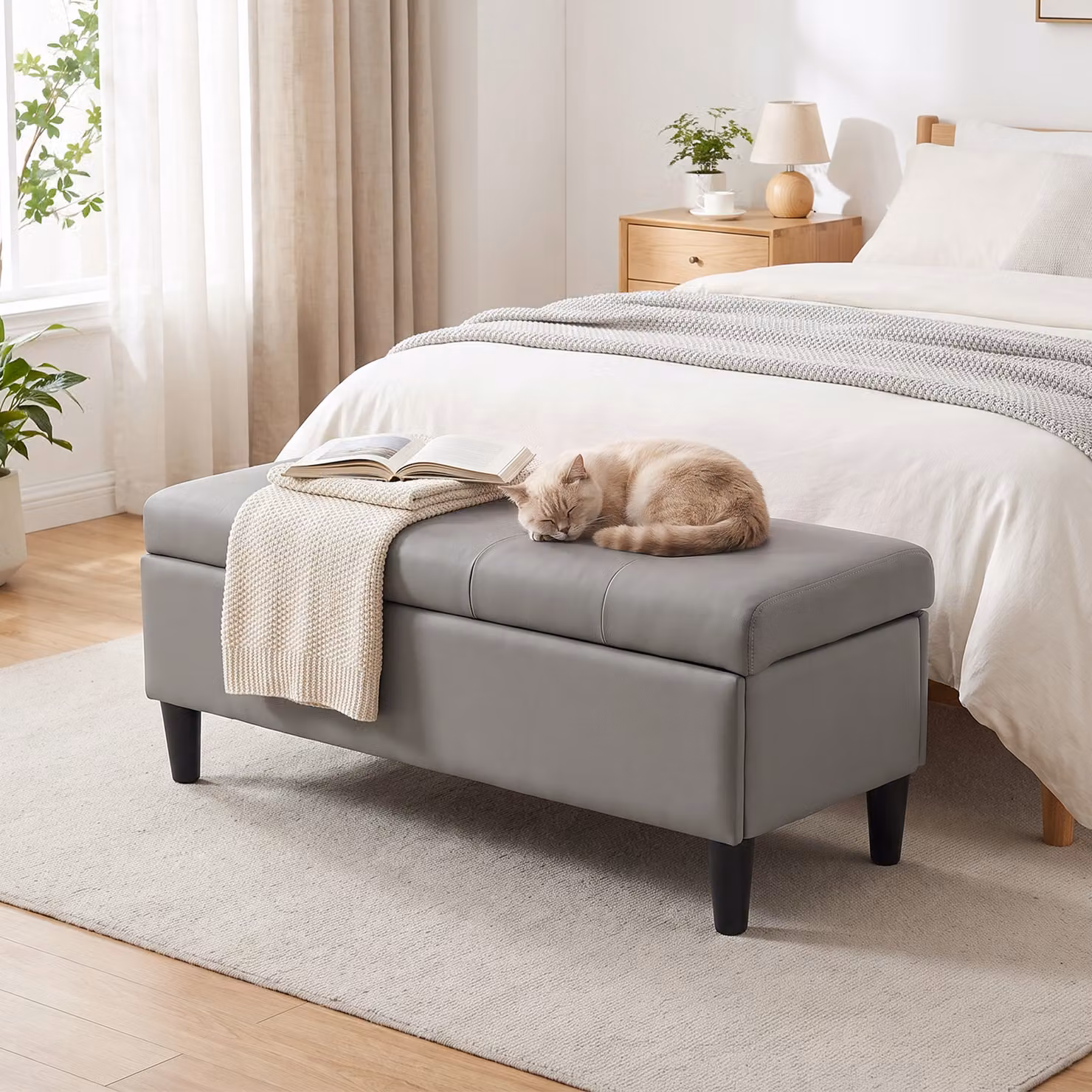 Cassapanca Pouf Contenitore HOMCOM in Finta Pelle Grigio con Capacità 136L, L: 110 cm, P: 41 cm, H: 42 cm – 2