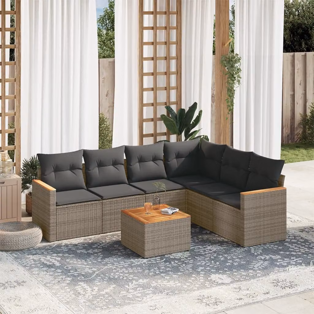 vidaXL Set Divani da Giardino 7 pz con Cuscini Grigio in Polyrattan e Tavolino da Esterno – 1