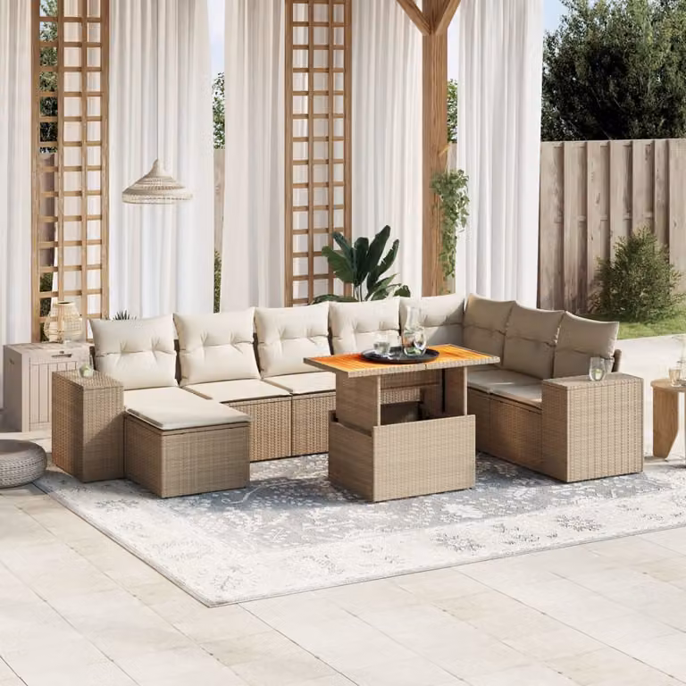 vidaXL Set Divano da Giardino a L in Polyrattan Beige con Cuscini e Tavolino da Esterno 9 pz